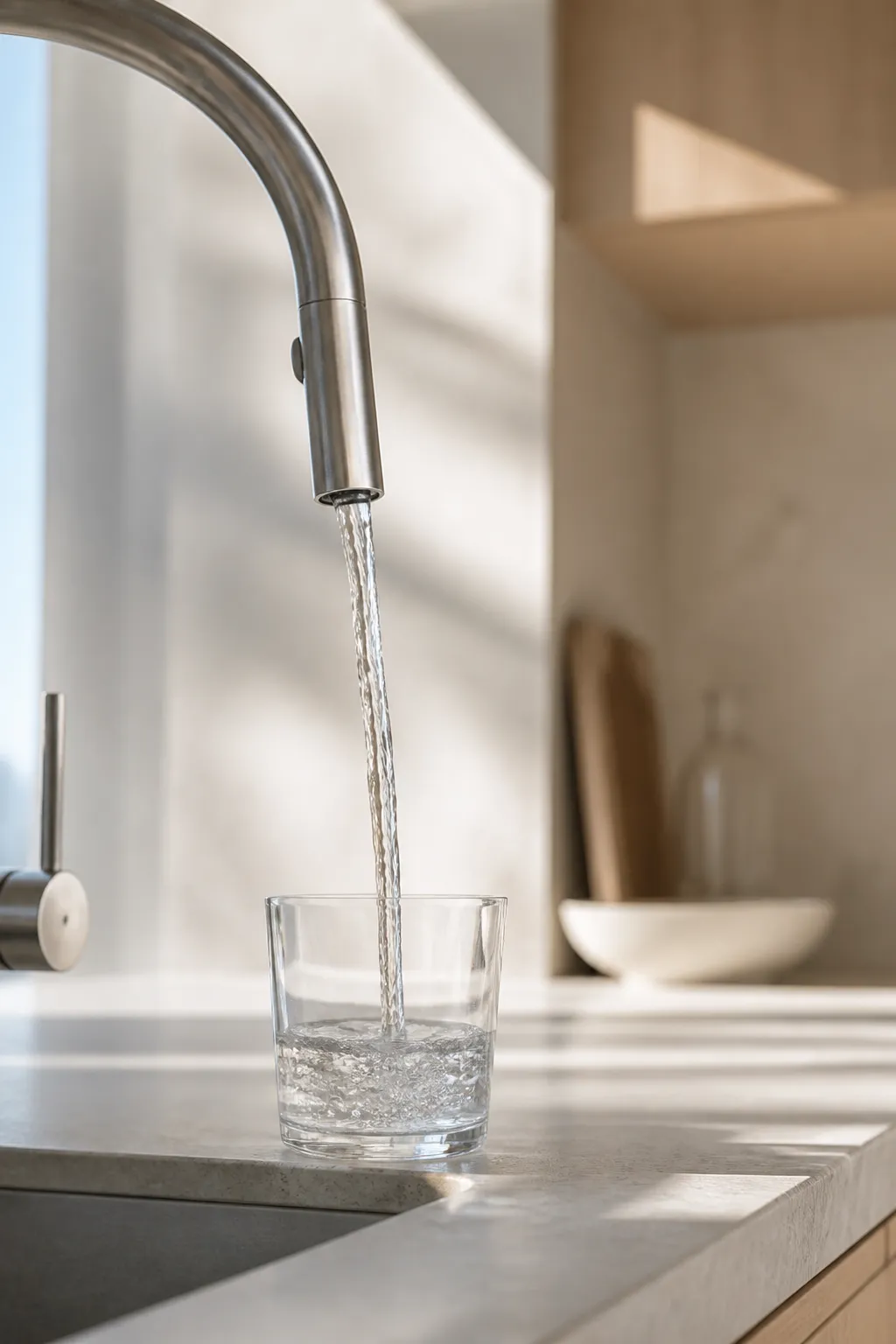 Klart dricksvatten som fyller ett glas