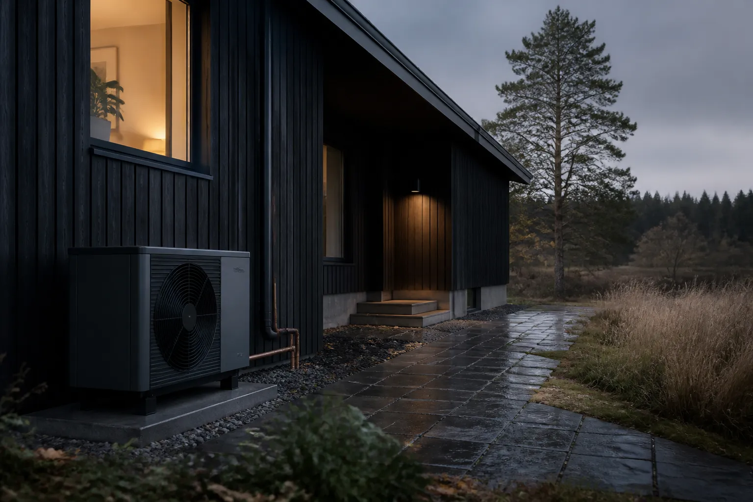 Luft-vatten-värmepump vid ett nordiskt trähus