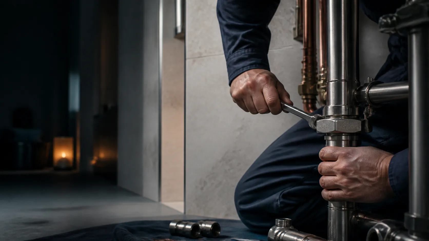 Rörmokare som arbetar med en rörinstallation